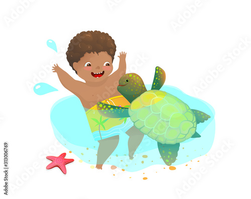 African American child boy playing swimming with sea Turtle friend.