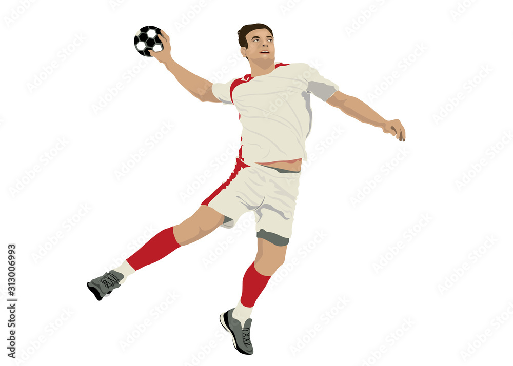 Player, men's handball, ball, jumping man with ball