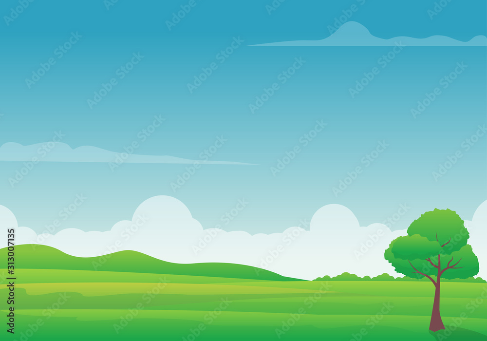 Green field vector illustration with blue sky. Nature landscape background Green field vector illustration with blue sky. Nature landscape background