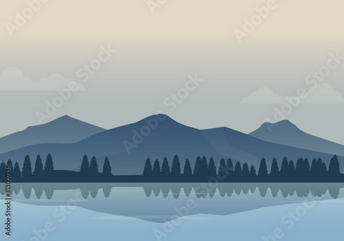 Vector illustration of beautiful foggy lake and mountain landscape. Minimalist mountain background vector 