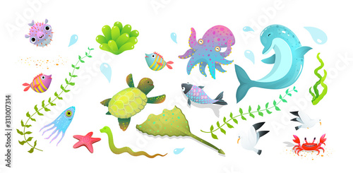 Underwater sea life, ocean creatures clipart collection isolated on white