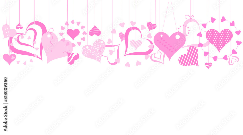 Hanging hearts Valentines banner. Valentine website banner. Valentine webstore background
