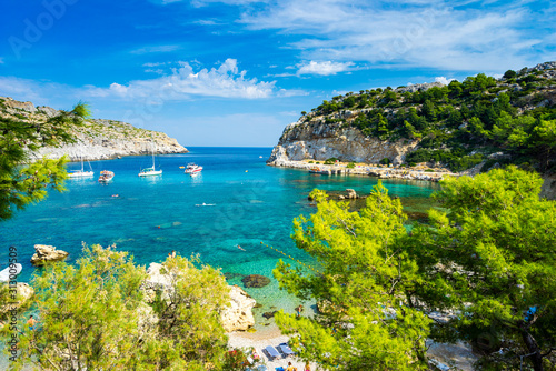 Obraz na płótnie Beautiful turquoise water at Anthony Quinn Bay Rhodes Island Rodos Greece Europe