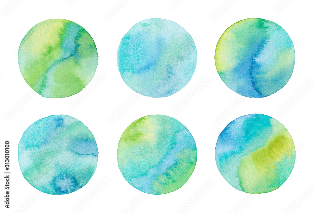 Green turquoise and blue textured watercolor circle set Green turquoise and blue textured watercolor circle set