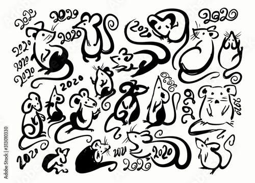 Handwritten Rats 2020. Ink brush calligraphy Rats and Mice and 2020. Year of the rat on the Chinese calendar.
