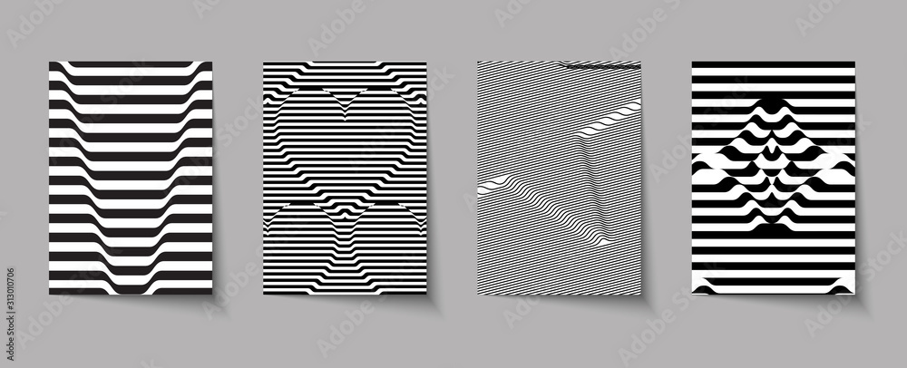 Set of covers with Monochrome volumetric Liquid pattern from the strips. Creative geometric line design.