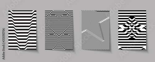 Set of covers with Monochrome volumetric Liquid pattern from the strips. Creative geometric line design.