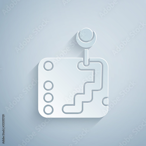 Paper cut Gear shifter icon isolated on grey background. Transmission icon. Paper art style. Vector Illustration