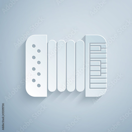 Paper cut Musical instrument accordion icon isolated on grey background. Classical bayan, harmonic. Paper art style. Vector Illustration
