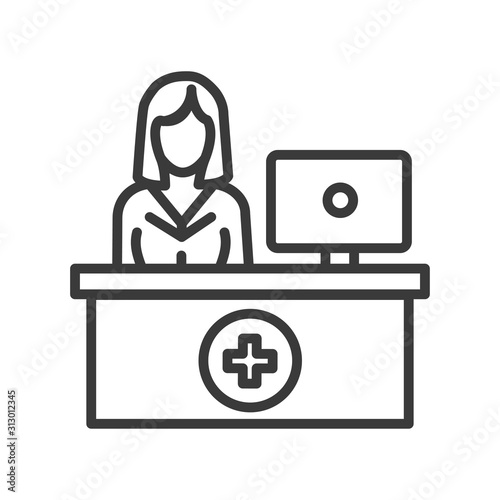 Pharmacy counter with pharmacist line black icon. Nursing service concept. Hospital sign. Pictogram for web, mobile app, promo. UI UX design template. Editable stroke.