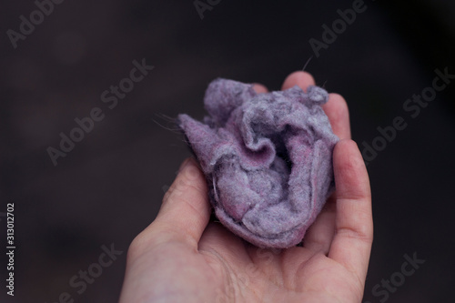 Fluff / lint on laundry after removing from clothing dryer isolated on white background.Woman & man's hand