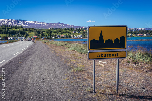 Town sign of Akureyri city in north Iceland in Iceland photo