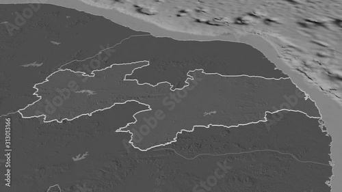 Paraíba, state with its capital, zoomed and extruded on the bilevel map of Brazil in the conformal Stereographic projection. Animation 3D photo