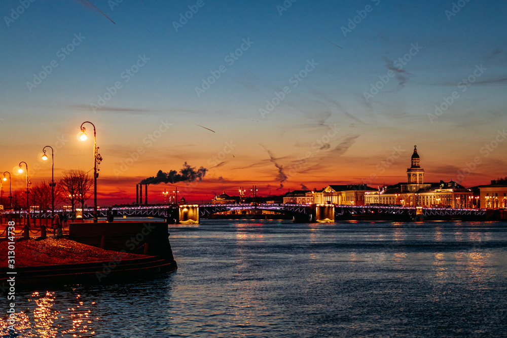 Sunset in the city center Saint Peterburg
