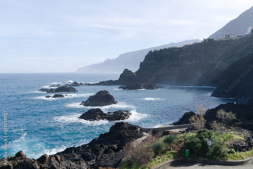 View of beautiful mountains and ocean on northern coast Madeira island, Portugal