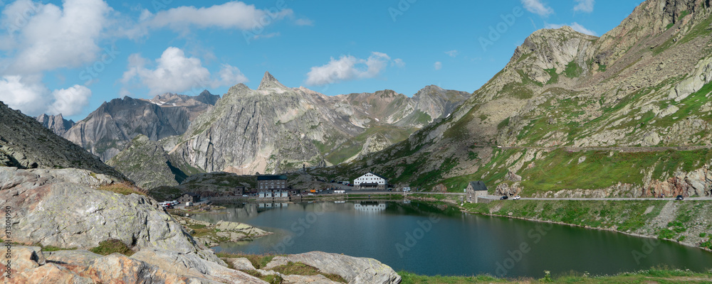 Lake from the Great Saint Bernard Pass, Switzerland. Beautiful Summer day.