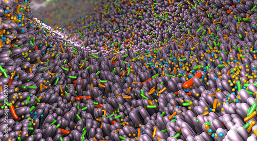 Different germs in the human intestines called microbiome - 3d illustration