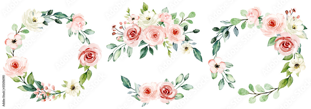 Obraz Wieńce, ramki kwiatowe, kwiaty w akwareli różowe róże, ilustracja ręcznie malowana. Pojedynczo na białym tle. Idealnie nadaje się do projektowania kart okolicznościowych.