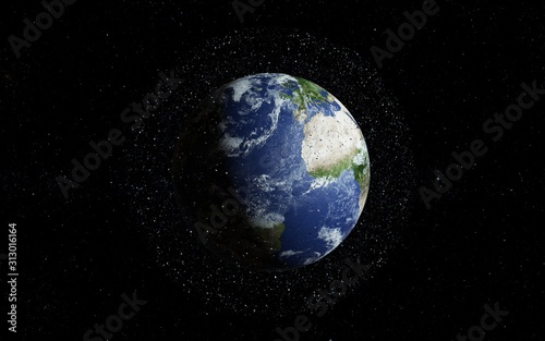 Planet Earth surrounded by space trash.