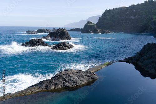 Amazing nature landscape in Seixal, Madeira, Portugal, europe with natural lava rock swimming pool