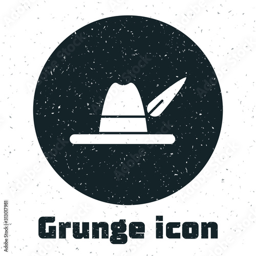 Grunge Oktoberfest hat icon isolated on white background. Hunter hat with feather. German hat. Vector Illustration