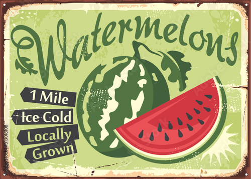 Watermelons farm retro sign idea. Locally grown farm fresh organic fruit products. Ice cold watermelon slice vector illustration.