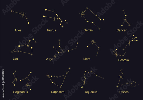 Constellations - signs of the zodiac, golden on a black background, with names. Stock vector graphics. photo