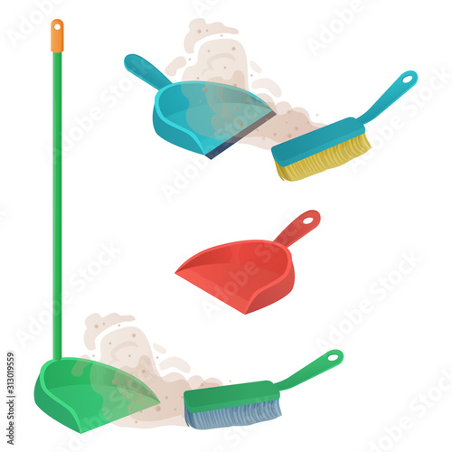Cartoon plastic scoop set. Brush sweeps dust and dirt on dustpan. Housework, cleaning services, household,concept. Equipment for cleaning element isolated on white background Stock vector illustration