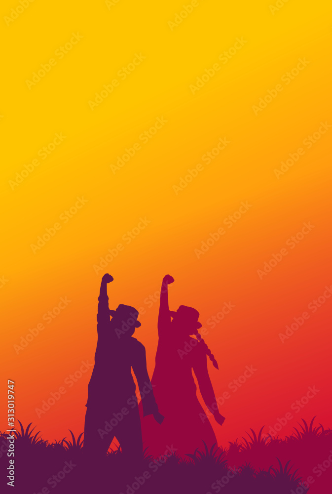 Silhouettes of people on sunset background