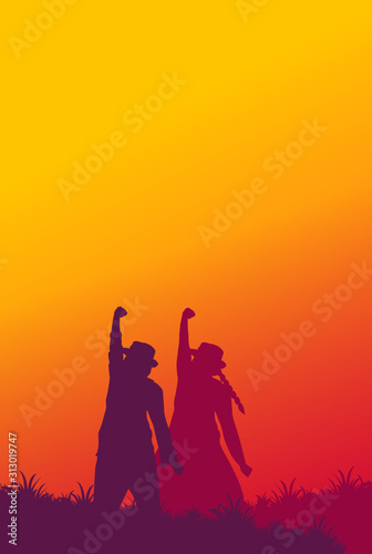 Silhouettes of people on sunset background