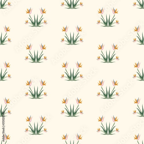 The vector seamless pattern. Cute bird of paradise flower pattern. Vector for wallpaper, child apron, fabric, textile pattern. Endless print. Background illustration vector.