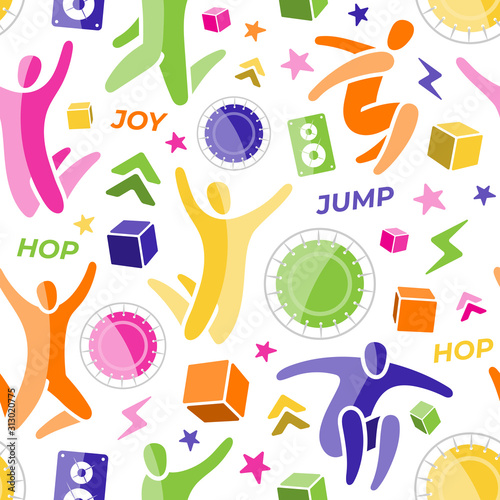 Repeating seamless pattern, swatch. Set of icons: jumping people, top view trampoline, sound speaker, foam rubber cubes, lightning, chevron. Trampoline, amusement park concept. Flat vector EPS 10