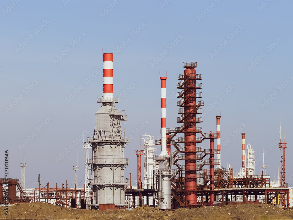 Distillation columns, pipes and other equipment furnaces refinery.