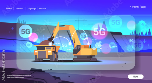 heavy excavator loading soil on dump truck 5G online wireless system connection professional equipment working on coal mine opencast stone quarry background flat horizontal copy space vector