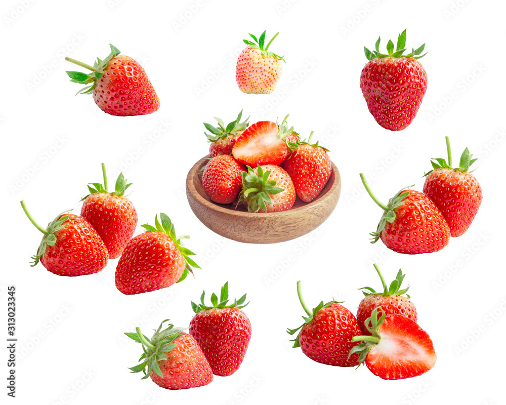 Collection of fresh berry fruit , two round and a half sliced of red strawberry isolated on white background, di cut with clipping path Collection of fresh berry fruit , two round and a half sliced of red strawberry isolated on white background, di cut with clipping path