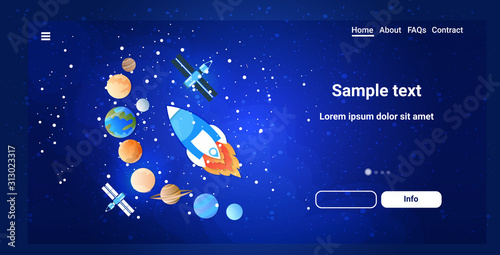 space rocket and satellite flying in sky over planets of solar system 5G online wireless system connection earth surface concept horizontal copy space vector illustration