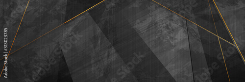 Black grunge corporate abstract background with golden lines. Vector banner design