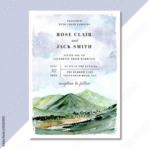 wedding invitation with mountain view watercolor background