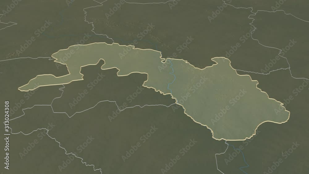Plateau-Central, region with its capital, zoomed and extruded on the relief map of Burkina Faso in the conformal Stereographic projection. Animation 3D Plateau-Central, region with its capital, zoomed and extruded on the relief map of Burkina Faso in the conformal Stereographic projection. Animation 3D