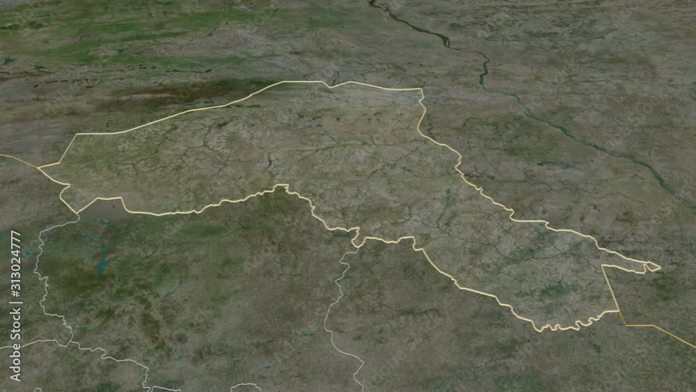 Sahel, region with its capital, zoomed and extruded on the satellite map of Burkina Faso in the conformal Stereographic projection. Animation 3D