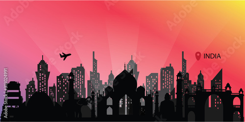 India travel postcard, poster, tour advertising of world famous landmarks in paper cut style. Vectors illustrations