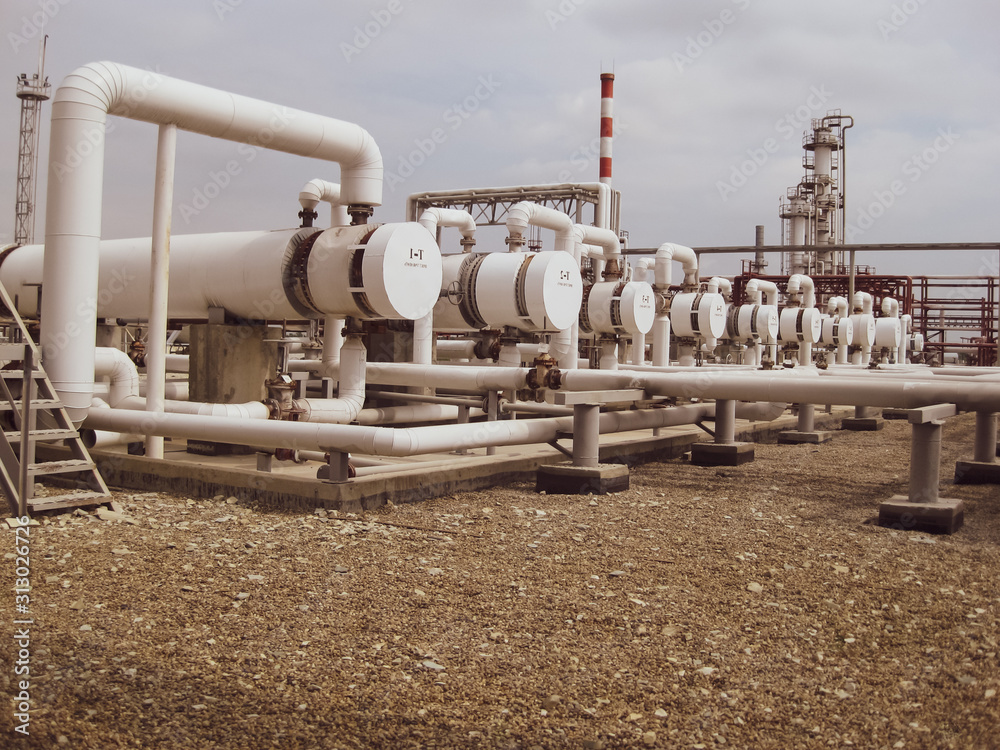 Heat exchangers at oil refinery. Heat exchangers at oil refinery.