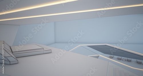 Abstract drawing architectural white interior of a minimalist house with swimming pool and neon lighting. 3D illustration and rendering.