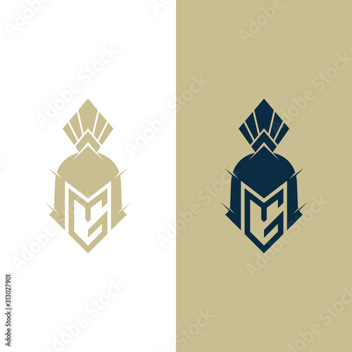 Spartan head with initial letter MG/GM business logo concept, flat spartan helmet logo. letter mark monogram logo 