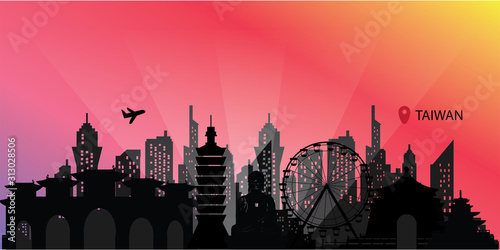 Travel Taiwan postcard, poster, tour advertising of world famous landmarks. Vectors illustrations