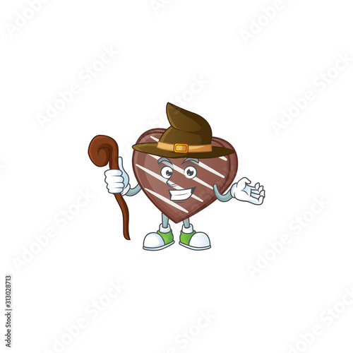 cartoon mascot style of stripes chocolate bar dressed as a witch