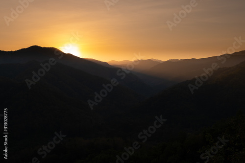 Beautiful view of mountains. landscape with foggy hills at sunrise. Phrae Province Thailand