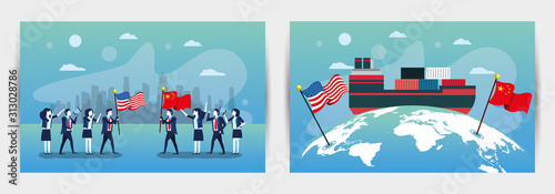 bundle of business people with usa and china flags