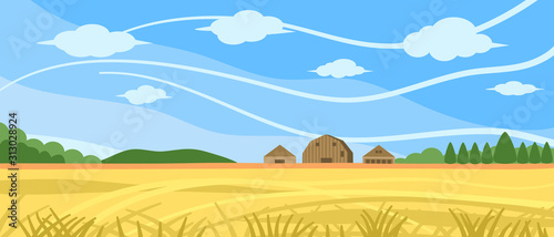 Beautiful agricultural farm landscape with cloudy blue sky and farmhouse vector illustration.