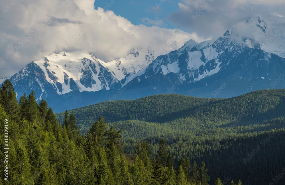 Mountain landscape, snow-capped peaks and trees. Summer day, cloudy sky.